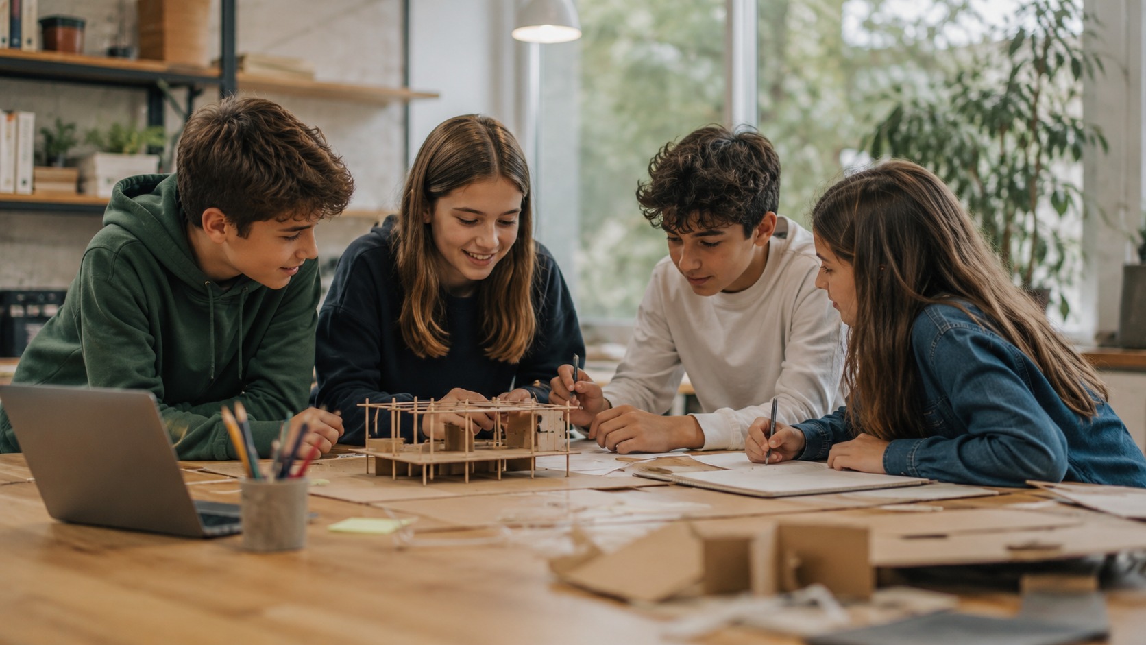 Ragazzi 7-13 anni collaborano su un progetto in un laboratorio Nova
