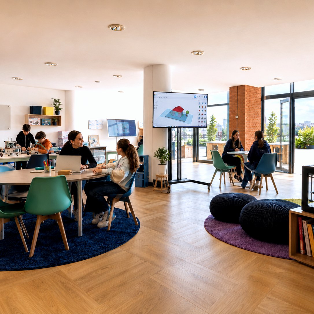 Open space luminoso con tavoli di lavoro e progettazione 3D su schermo