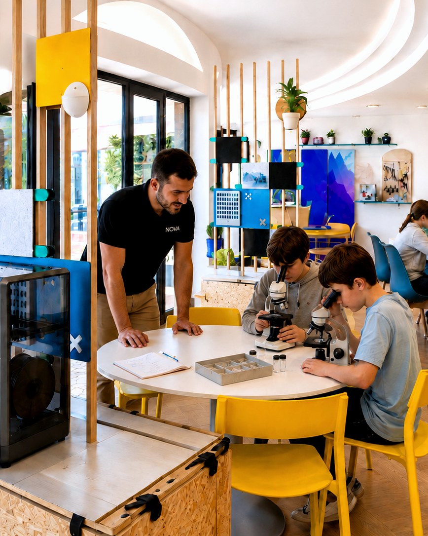 Ragazzi al microscopio con un mentor Nova e stampante 3D nello spazio